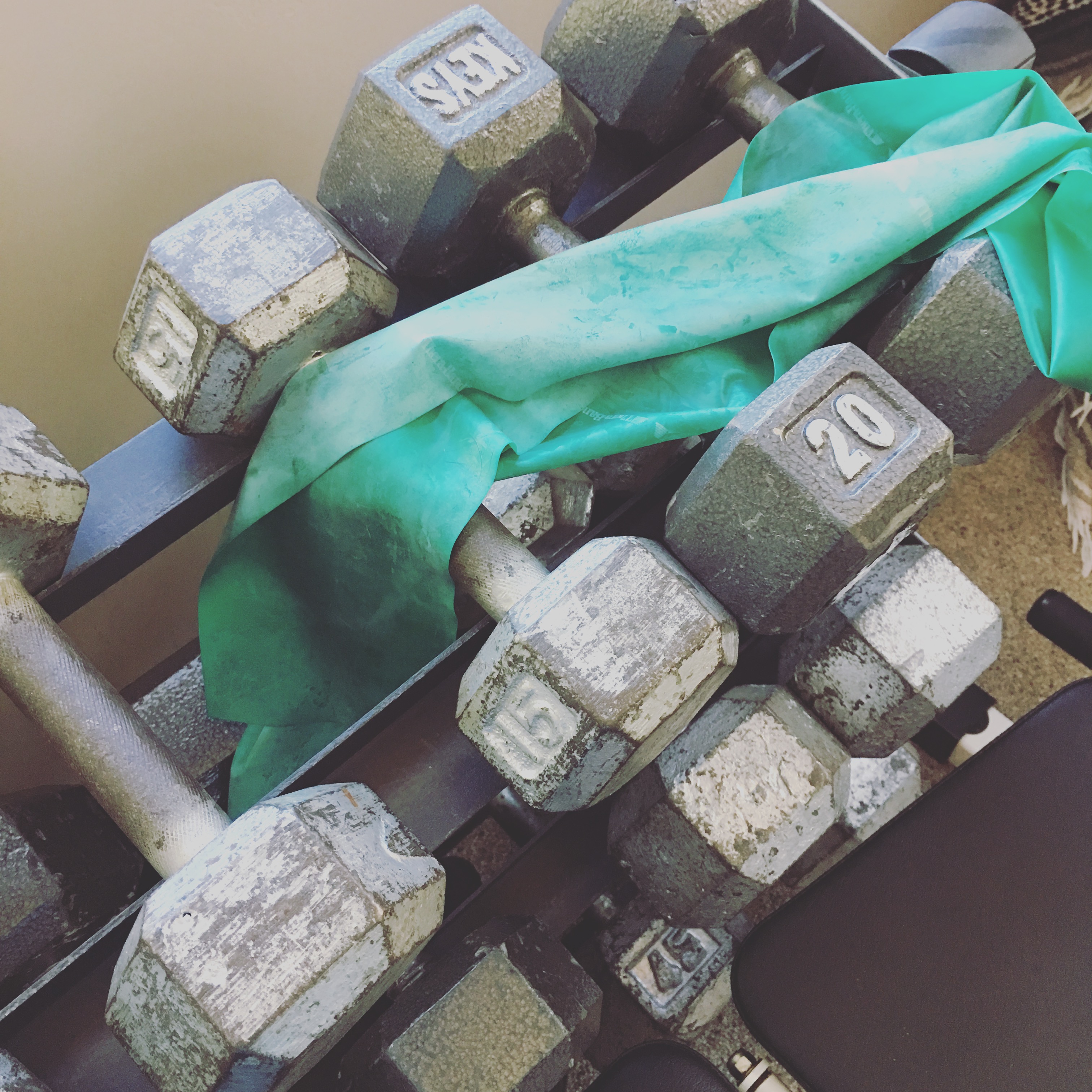 Home Gym Dumb bells and rubber Tubing