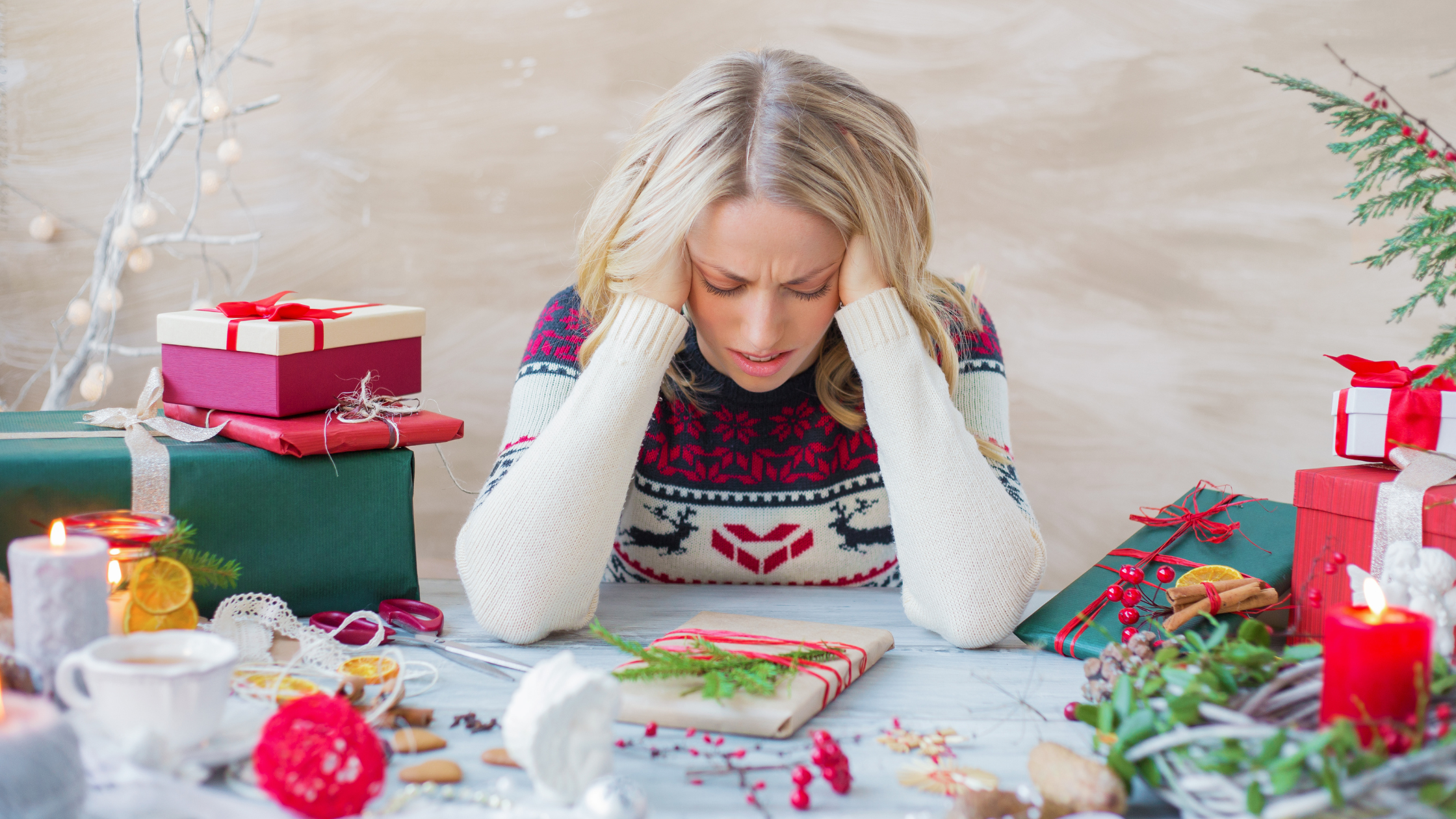 White women having holiday stress looking for ways to Boost Your Spirits This Holiday Season
